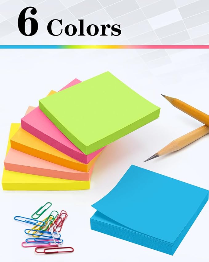 Sticky Notes 3x3 Inches, Self-Stick 48 Pads Bulk, 100 Sheets/Pad, 6 Bright Colors, Adhesive Notes for Home, School, Office, Use on Walls, Doors, Windows