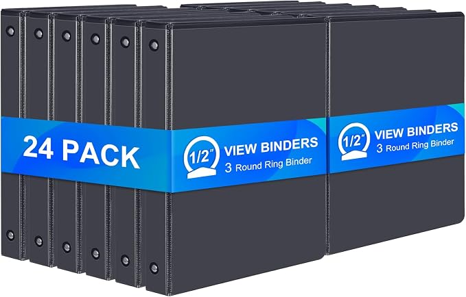 ViVin 1/2 Inch Binders 3 Ring, Sturdy Half Inch Binders, 24 Pack, Black | PVC-Free, Fits 100 Sheets of 8.5'' x 11'' Paper, Clear View Cover, 2 Interior Pockets, Office Home School Use