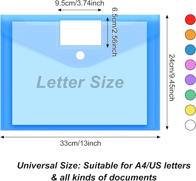 EOOUT 45 Pack Plastic Envelopes Poly Envelopes, Clear Document File Folders with Hook & Loop Closure, A4 Size with Label Pocket for School Home Work Office Organization, 8 Colors