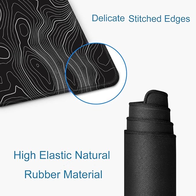 Gaming Mouse Pad, Large Topographic Mouse Pads for Desk, Non-Slip Rubber Base Mousepad, Keyboard Mouse Mat, Desk Pad with Stitched Edges, 31.5x11.8inch, Black Geographic Lines