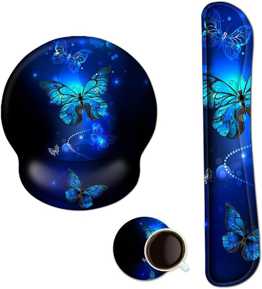 Mouse Pad Keyboard Wrist Rest, Gel Non Slip Rubber Wrist Support Rest Mouse Pad for Home Office, Computer, Laptop, Typist, Gamer, Soft Cushion Mousepad with Memory Foam Ergonomic, Blue Butterfly