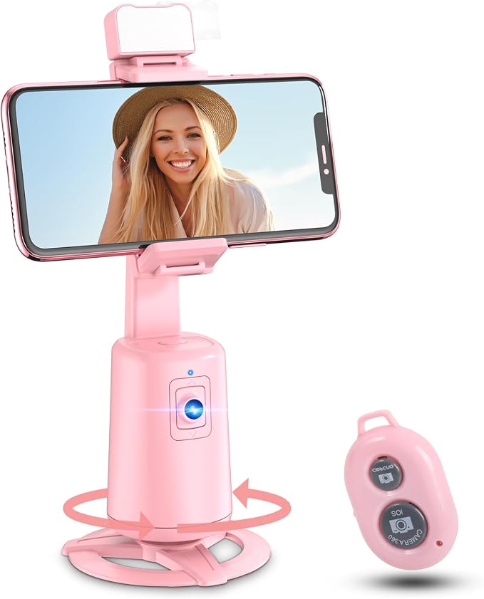 Auto Face Tracking Tripod 360° Rotating Cell Phone Photo and Video Kits Stand, No App, Camera Stand with Remote and Gesture Control, Rechargeable Smart Shooting Stand for Live Recording Tiktok（Pink）