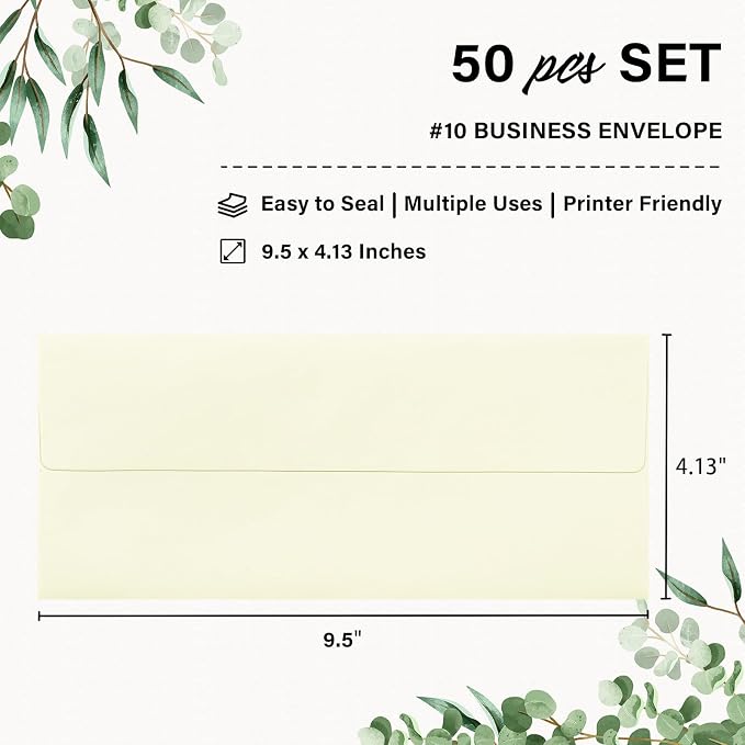 50 Pack #10 Ivory Envelopes Letter Size Self Seal Cream Business Envelopes | Security Mailing Envelopes, 4 1/8 x 9 1/2 Inches, Beige
