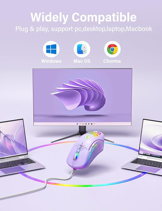 Wired USB Mouse, Computer Mouse with RGB Lighting, 4 Adjustable DPI, Ergonomic Optical Office Mouse, 7 Buttons Corded Mice for Window/PC/Laptop/Desktop/Mac/Chromebook,Purple