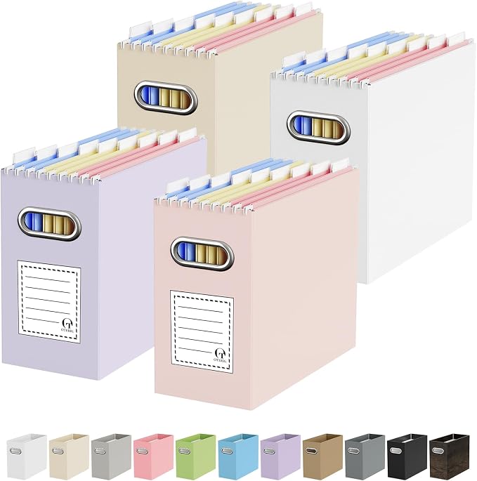 Portable Collapsible Cardboard File Box with Handle for Letter-Size | 4-Pack. Stainless Steel Handle. Label Stickers Included. Fits Letter Folders (Not Included). Home, Office, School, Dorm, Tax.