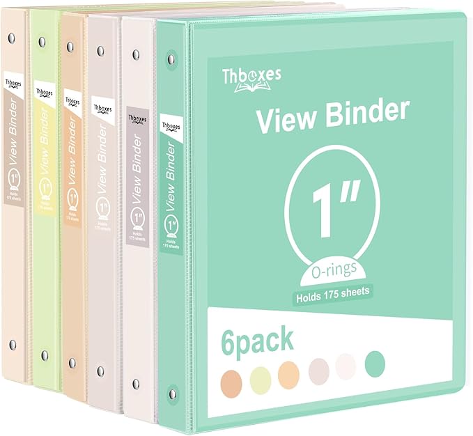 3 Ring Binder - 6 Pack, 1 Inch Binder with 2 Interior Pockets & Clear View Overlay, Large Capacity, Round Ring Binders for Office Supplies, School & Home (6 Colors, Light Colors)
