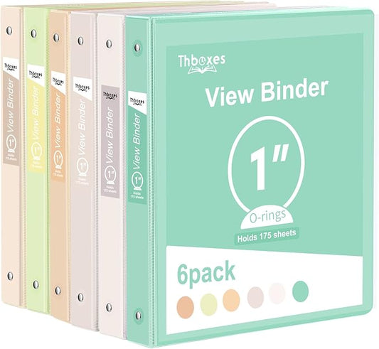 3 Ring Binder - 6 Pack, 1 Inch Binder with 2 Interior Pockets & Clear View Overlay, Large Capacity, Round Ring Binders for Office Supplies, School & Home (6 Colors, Light Colors)