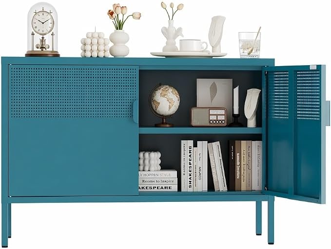 Metal Storage Cabinet,2 Door TV Stand, Metal Mesh Accent Cabinet | Magnetic Door Closure,Low Storage Cabinets with Doors and Shelf for Home,Office,Living Room