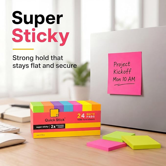 Sticky Notes, 24 Pads, 1680 Sheets Total, 3x3 in Bright Neon Colors, 2X Super Sticky Self-Stick Note Pads for Office, School, Home, Bulk Pack 70 Sheets Per Pad, Strong Hold Memo Notes