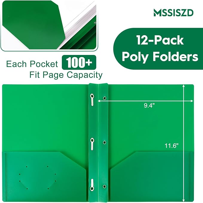 6-Pack Green Plastic Folders with Pockets and Prongs,2-Pocket Folders with 3 Fasteners, Holds US Letter Size Paper for School/Office/Home