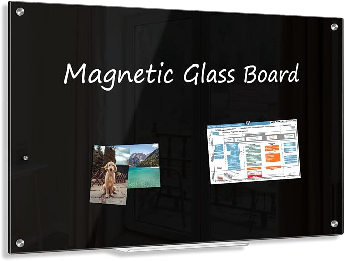 24” x 18” Black Dry Erase Board Magnetic Tempered Glass Whiteboard | (2’ x 1.5’) Small Wall Mounted Glass White Board with Acrylic Pen Tray for Office, Home, School