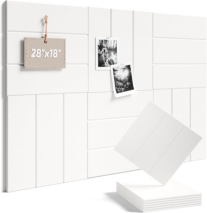 28" x 18" Cork Board Alternative, Wide Stripe, Milky White | 6-Pack Felt Pin Board Tiles, 30 Adhesive Tabs, Custom Wall Layout, Photo Display, Memo Board, Office, Classroom, Dorm