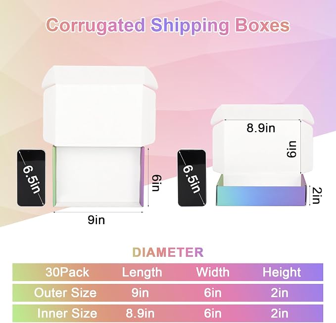 9x6x2 Shipping Boxes for Small Business, 30 Pack Colorful Corrugated Cardboard Boxes for Shipping Mailing