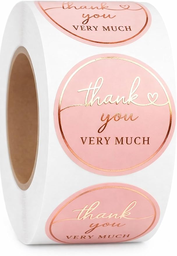 Thank You Stickers for Small Business – 500 Blush Pink Round Stickers with Rose Gold Foil, 1.5 Inch Waterproof Adhesive Labels for Packaging, Gifts & Envelopes