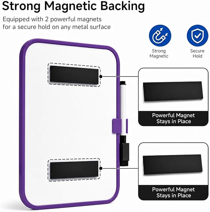 Magnetic Whiteboard, Erasable Notepad, Portable Drawing Board, Teaching Whiteboard, Magnetic Dry Erase Board for Lockers, 6" x 8" with Marker and 2 Magnets (Purple)