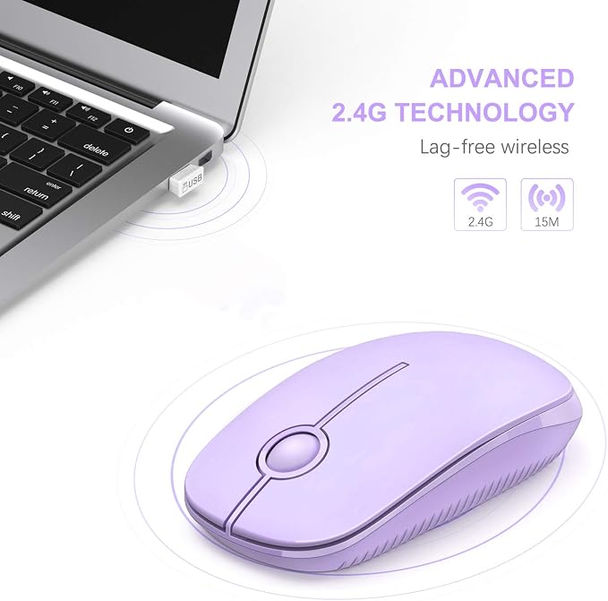 VssoPlor Wireless Mouse, 2.4G Slim Computer Laptop Mouse, Light Purple | Portable Mouse, Plug & Play USB Nano Receiver, Quiet Silent Optical Mice for Notebook, PC, Laptop, Computer, Windows, Mac