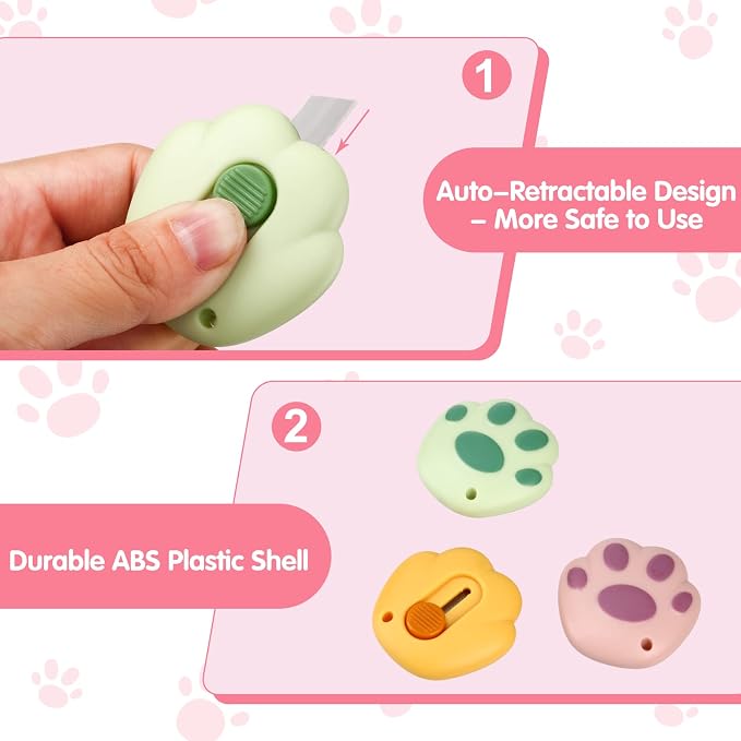 6 Pcs Cute Paw Box Cutter Kawaii Cat Retractable Letter Opener Adorable Tiny Paper Knives Mini Art Utility Knives Portable Carton Cardboard Cut with Hole Smooth Mechanism for Office Home