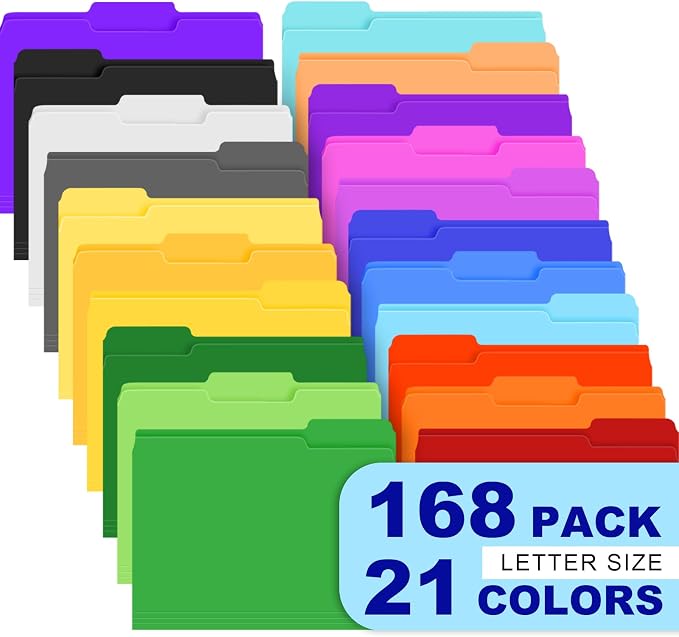 TUXIYA 168 Pack Colored File Folders,21 Colors File Folders Letter Size | Manilla Folders 8.5 x 11,1/3 Cut Tab Filing Folders for Office School Business Documents Files Paper