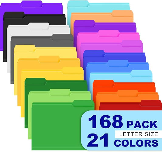 TUXIYA 168 Pack Colored File Folders,21 Colors File Folders Letter Size | Manilla Folders 8.5 x 11,1/3 Cut Tab Filing Folders for Office School Business Documents Files Paper