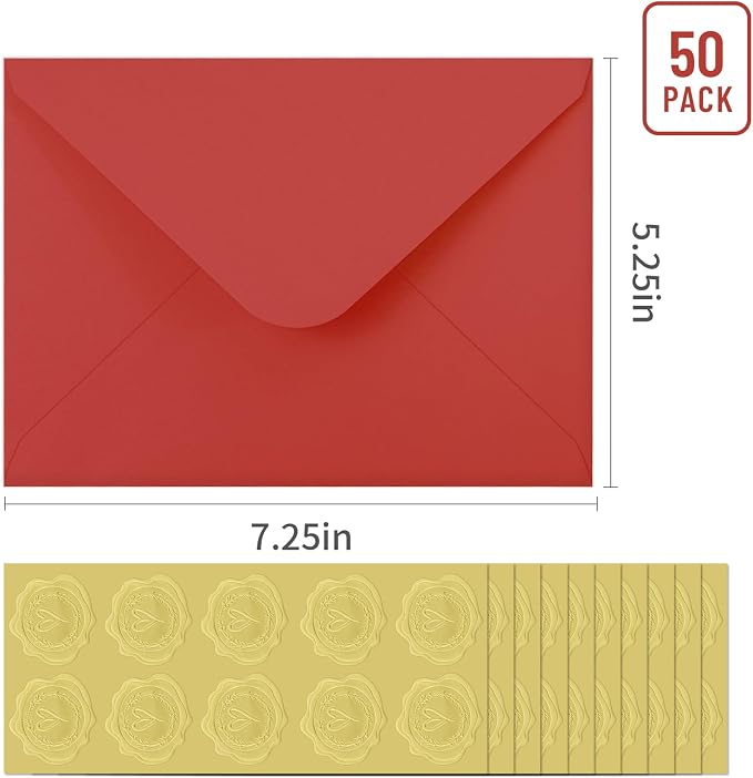 50 PCS Red Colorful A7 Envelopes,5x7 Envelopes for Invitations | 5x7 Envelopes with Stickers, V Flap, card envelopes, for Invitations, Wedding Invitation, Birthday, Baby Shower, Graduation