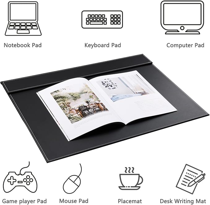 Ultra-Smooth PU Leather Desk Pad & Mat Office Desk Drawing & Writing Board A3/ A4 File Paper Clip Table Protector Mat on Top Large 24''x18'' (Black)