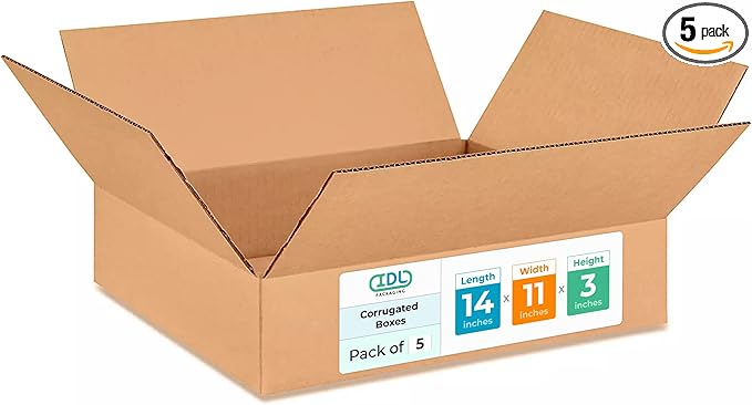 Medium Moving & Shipping Boxes 14 x 11 x 3 inches (5-Pack) - Extra Strength 200 lb vs Regular - USA-Made Corrugated Heavy Duty Shipping Boxes - Box for Shipping - Medium Shipping Box by IDL Packaging