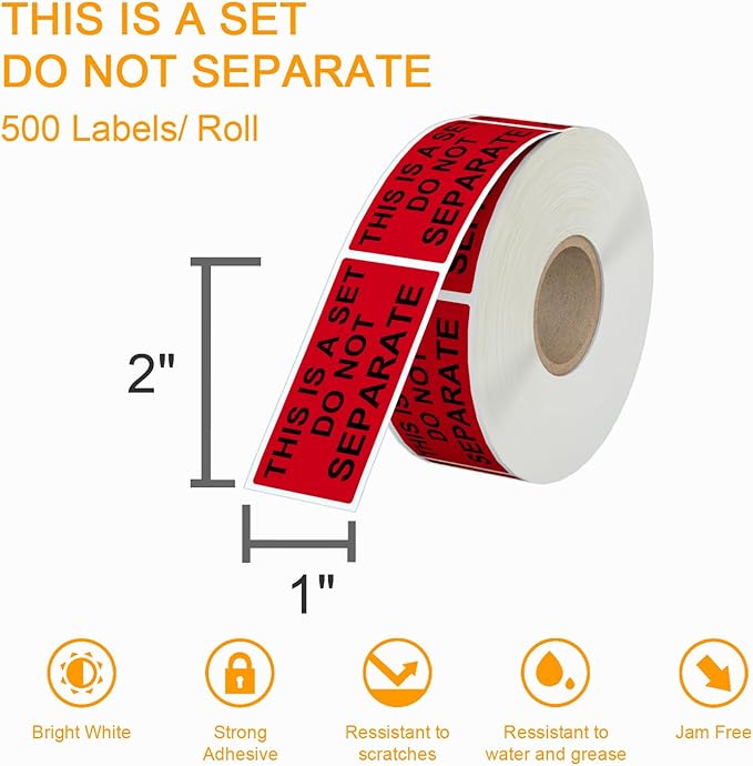 6 Rolls 1" x 2" Warning Label, This is a Set Do Not Separate Fluorescent Red FBA Packing Labels Permanent Adhesive (6 Rolls, 3000 Labels)