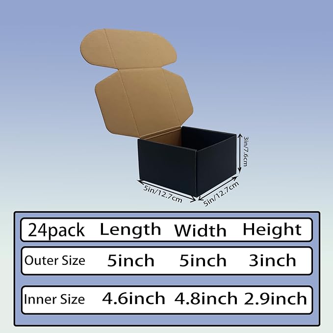 24 Pack 5x5x3 inches Black Shipping Boxes, Corrugated Mailer Boxes, Packaging Boxes for Products, Recyclable Cardboard Box, Flat Literature Mailers for Gifts, Small Business by Mailing