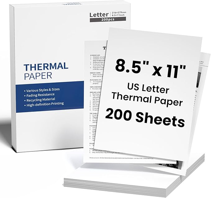 Thermal Printer Paper 8.5" x 11" US Letter Size, 200 Sheets, Advanced Thermal Printing, Quick-Dry Thermal Paper Compatible with A285M A28U A282M A281M M08F M835 M834 M832 Portable Printer