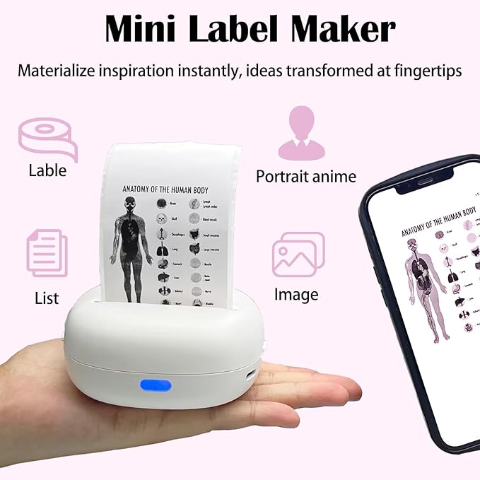 Sticker Printer, Portable Thermal Sticker Maker with 6 Rolls Paper, Mini Bluetooth Label Maker Machine for Study Note, Teacher, Home, School, DIY Creations, Memo