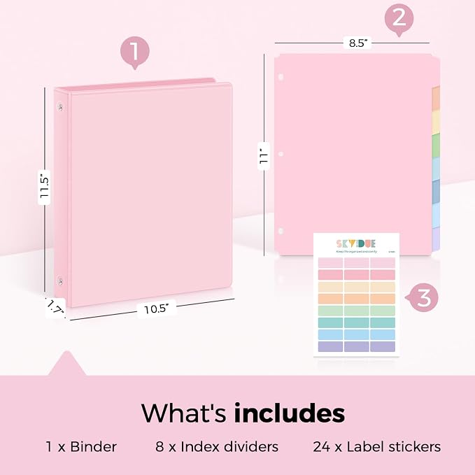 SKYDUE 1 Inch 3 Ring Binder with 8 Tab Dividers & 24 Labels, Pastel Binder Organizer for Letter Size Paper, Aesthetic School Binder for Notes, Documents, Office & Home Organization, Pink