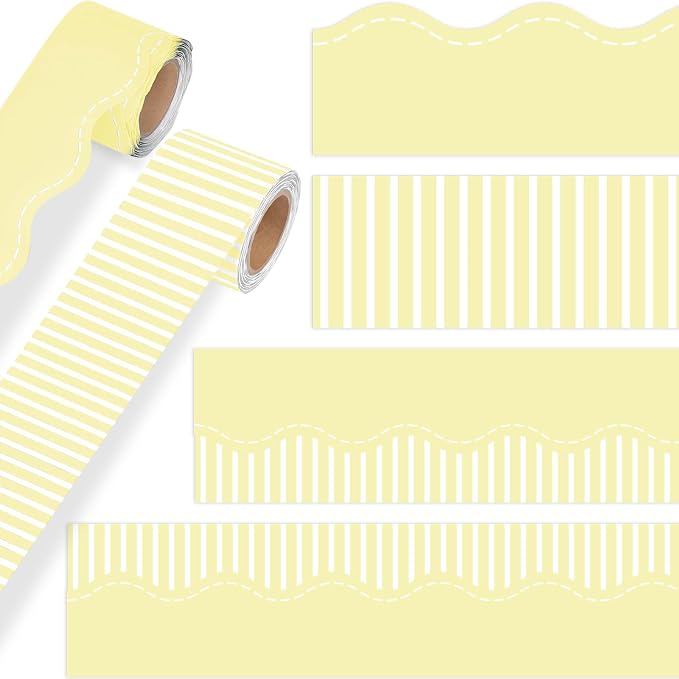 2 Rolls 65.6ft Marcaron Yellow Striped Bulletin Board Borders Decoration Scalloped and Straight Edge Yellow Bulletin Borders Board Trim for Office School Classroom Chalkboard Party Decoration