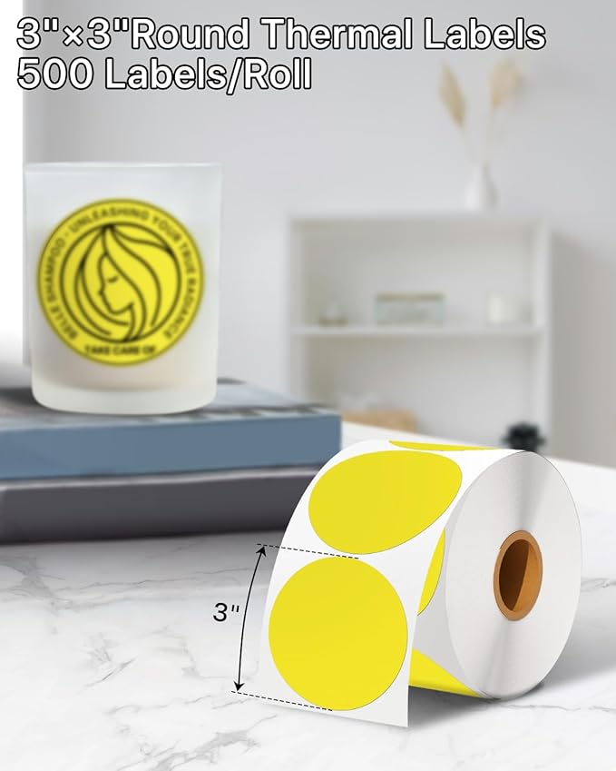 3 Inch (76.2mm x 76.2mm) Round Thermal Printer Label Stickers Self-Adhesive Circle Convenient Multi-Purpose Blank 3" Sticker Roll for Family Classification, Gift Sealing, Yellow (500Pcs)