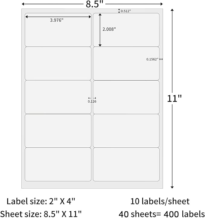 2" x 4" Shipping Labels 400 Labels, 40 Sheets Address Labels, Sticker Paper for Laser/Inkjet Printer Mailing Labels, Permanent Adhesive Sticker Labels(40 Sheets)