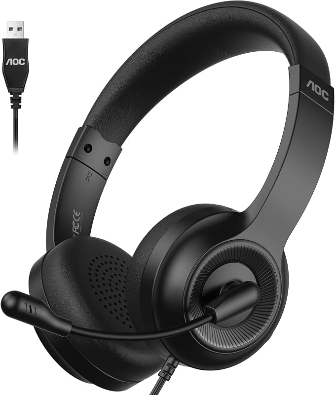 AOC USB Headset with Microphone for PC, On-Ear Wired Headphones with Mic | with Noise-Cancelling, 40mm Audio Drivers, USB-A Computer Headset for Office, Teams, Call Centers & Online Meetings (Black)
