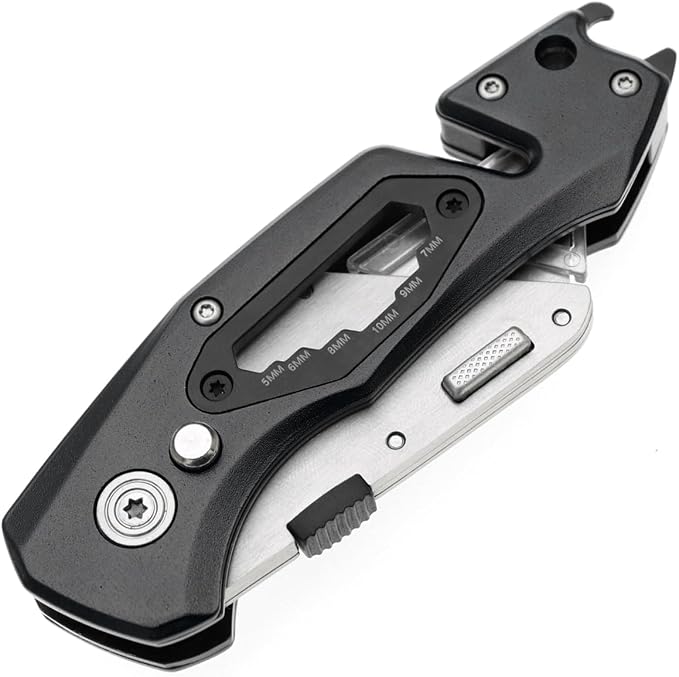 Utility Knife Folding Safety Lock Quick Change with 10 Extra SK5 Replacement Blade Lightweight Aluminum Handle & Pocket Clip Multi-Use Box Cutter Office Home Art Diy Great Gift Choice (Upg V. Black)