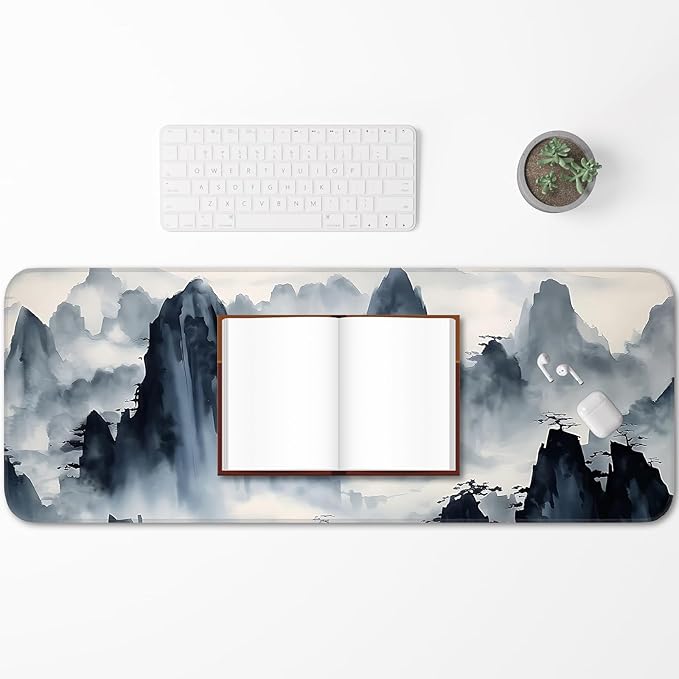 Mouse Pad, Gaming Mouse Pad, Ink Landscape Painting, Non-Slip Rubber Bottom, Stitched Edges, Suitable for Home, Office, Laptop, Keyboard Desk Pad, 31.5x11.8 Inch, Peak
