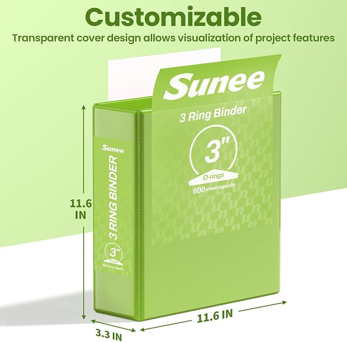 SUNEE 3 Ring Binder 3 Inch 1 Pack, Clear View Binder Three Ring PVC-Free (Fit 8.5x11 Inches) for School or Office Supplies, Tender Green