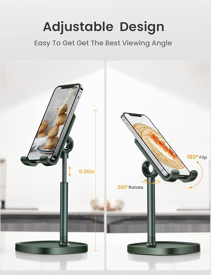 LISEN Phone Holder for Desk, Adjustable Phone Holder Cell Phone Stand Tablet Stand, Green Desk Accessories Office Gifts for Mom Easter Kids Gifts Compatible with iPhone iPad Switch 4-10"