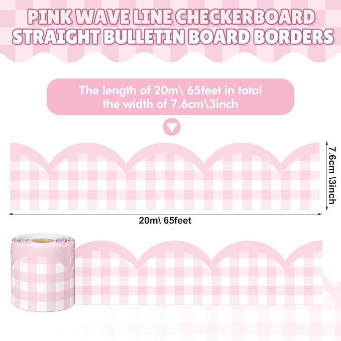 Zonon 65ft Pink Gingham Bulletin Board Border Pastel Scalloped Bulletin Board Trim Back to School Classrooms Decoration for Party Whiteboard, Walls, Desks, Windows, Doors, Lockers