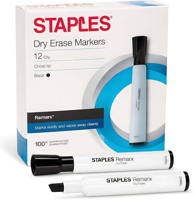 Staples Remarx Low Odor Dry Erase Markers, Chisel Tip, Black, 12-Pk | Bold whiteboard markers for office, classroom, and meeting room use.