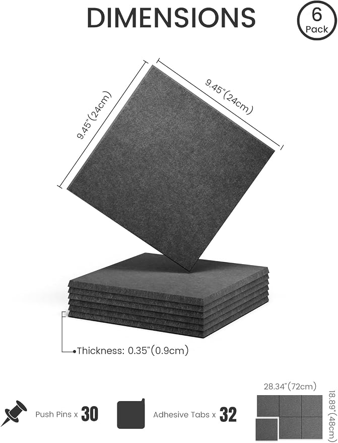 28" x 18" Felt Bulletin Board Tiles, Solid-Tile, Charcoal Gray | 6-Pack Cork Board Alternative, 30 Adhesive Tabs, Push Pin Board, Wall Decor, Office, Home, Classroom, Dorm