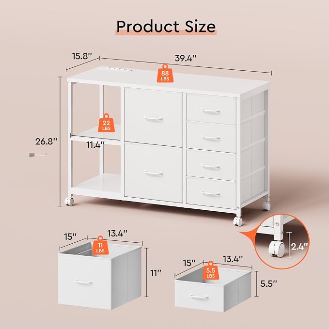 6 Drawer File Cabinet with Charging Station and Open Storage Shelf, White