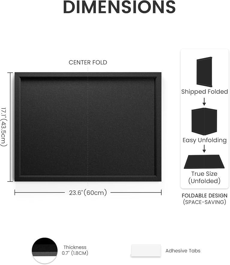 Fluxynara 23.6" x 17.1" Felt Frame Bulletin Board, Black | Cork Board Alternative with 12 Removable Adhesive Tabs, Foldable Pin Board for Wall, Home, Office, Classroom & Dorm