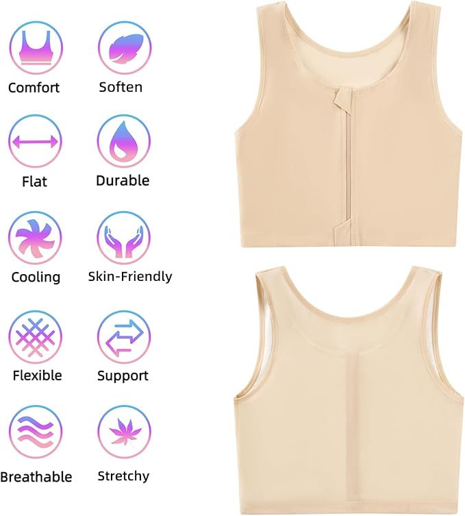 XUJI Transgender FTM Zip Up Breathable Half Chest Binder