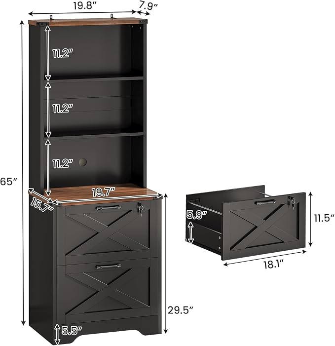 SEDETA 2 Drawer File Cabinet with Lock fits Legal/Letter/A4 Size | Wood Farmhouse Filing Cabinet for Home Office with Storage Shelf, Printer Stand, Easy Assembly, Black