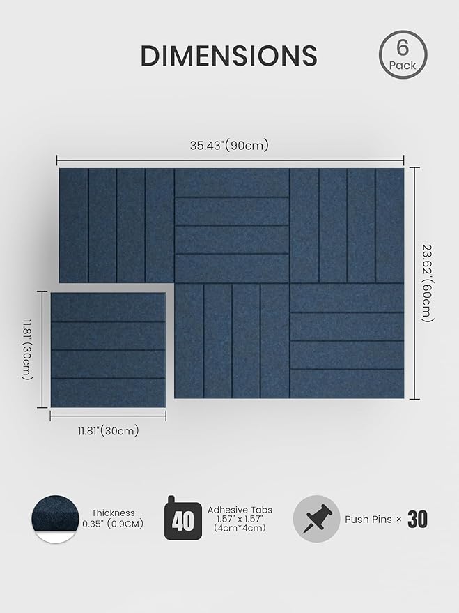 Bumusty Large Cork Board Alternative-36 x 24" Felt Bulletin Board Tiles, with 30 Pushpins, 40 Adhesive Tabs, 6-Pack Slat Wall Paneling, Cork Boards for Office Push Pin Board Felt Board-Navy Blue