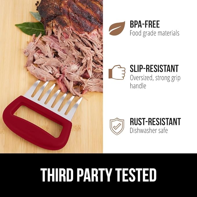 GORILLA GRIP BPA-Free Chicken Shredder Meat Claws, Sharp Stainless Steel Food Shredding Fork, Comfortable Handle, Easily Shred Pulled Pork, Taco Meats, Kitchen Smoker BBQ Tool, Dishwasher Safe, Red