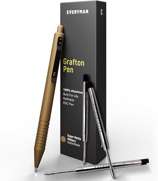 Everyman Military Super Matte Grafton Pen & Refill Set | Refillable Metal 0.7mm Gel Pen with 3 Smooth Black Ink Refills | Premium EDC Writing Tool for Office, Work, Travel & Gifting
