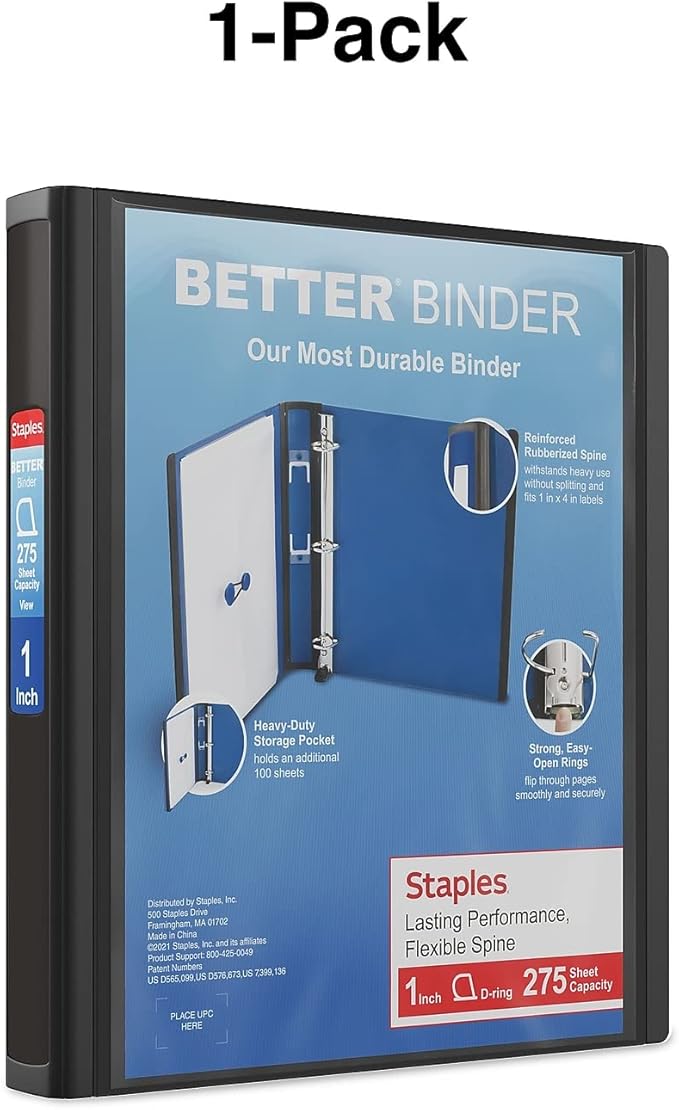 Staples Better 1-Inch D-Ring Binder, Black – Heavy-Duty 3-Ring Binder for School & Office Organization